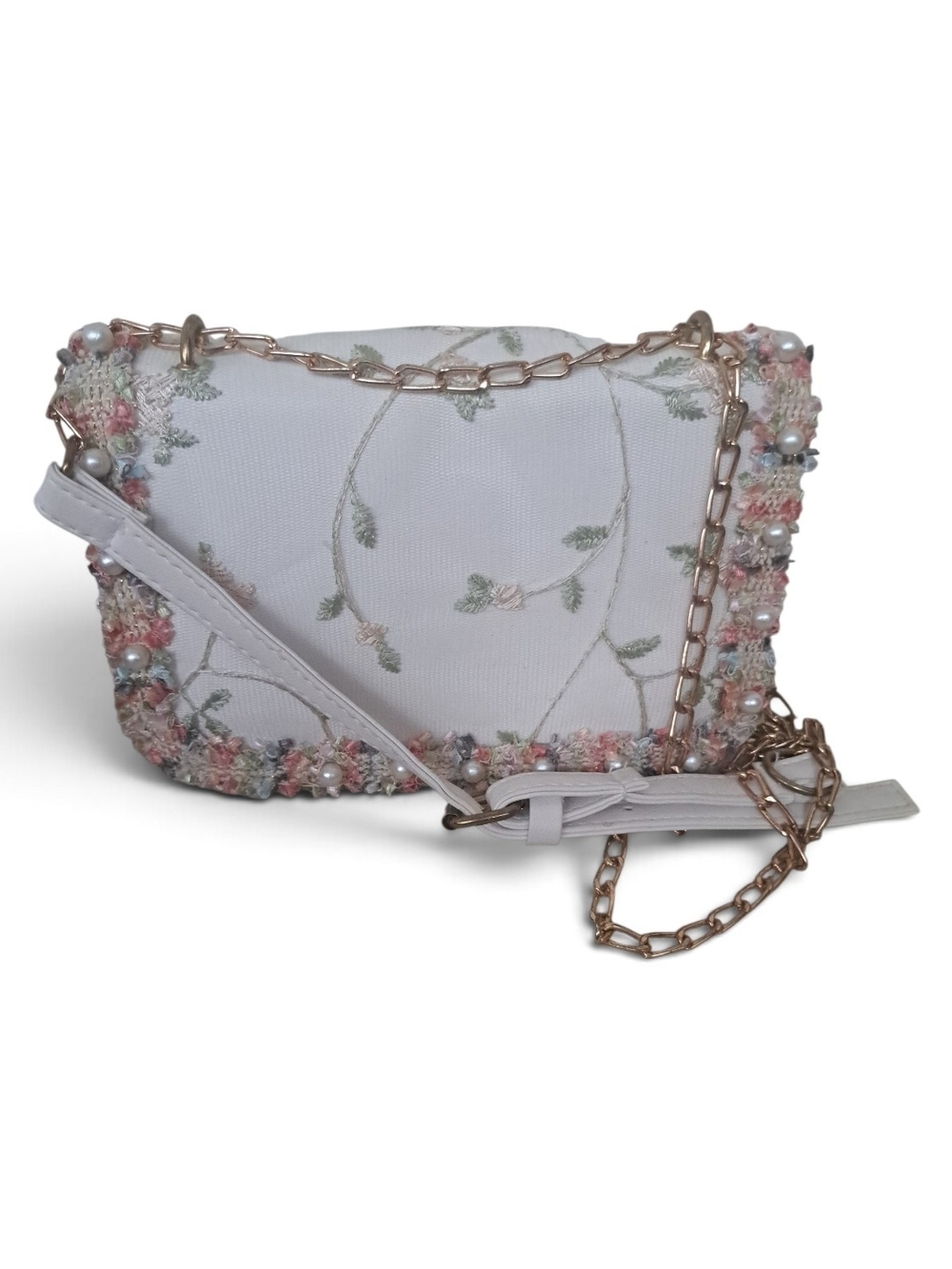 White Floral Embroidered Crossbody Bag with Gold Chain